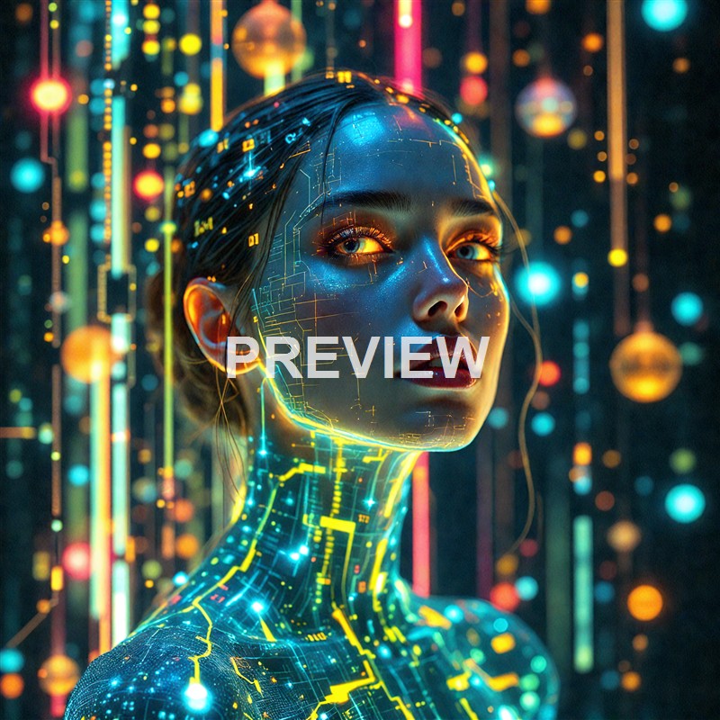 A futuristic digital artwork of a woman with glowing circuitry patterns on her face and body, surrounded by colorful, luminous data streams and abstract orbs.